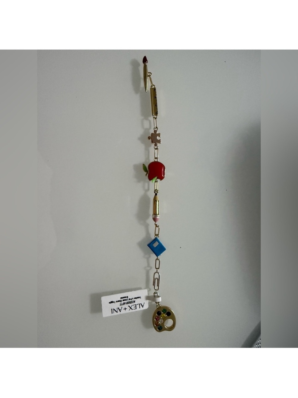 Alex and Ani Gold Tone Charm Bracelet with Red Apple and Blue Square Charms